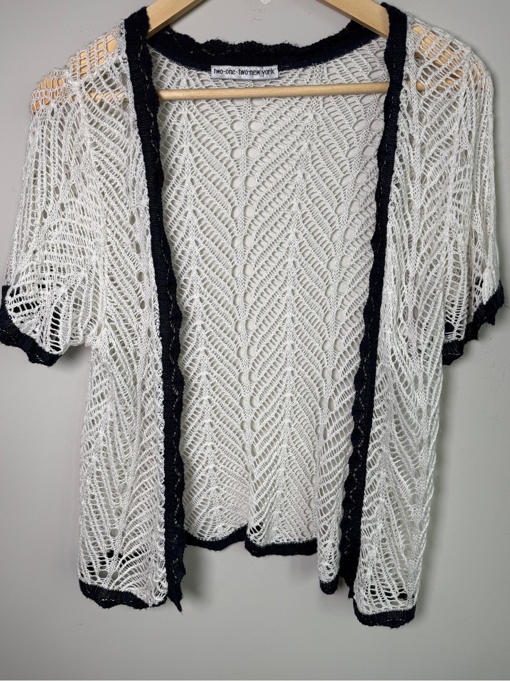 TWO-ONE-TWO NEW YORK Open Front Crochet Cardigan Navy White Boho Sweater - L
